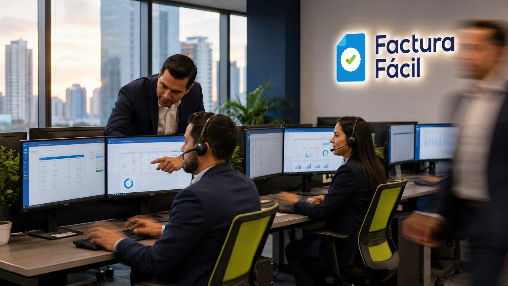 Equipo de atención al cliente de Factura Fácil trabajando en su oficina de Ciudad de Panamá