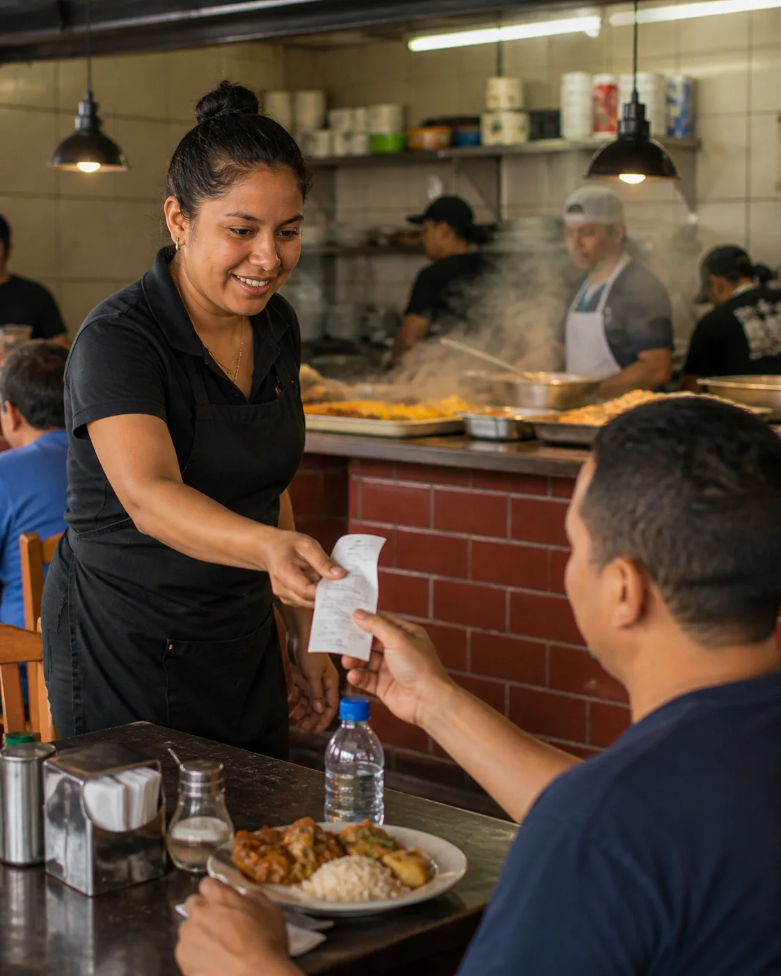 Mesera entregando recibo a cliente en fonda panameña