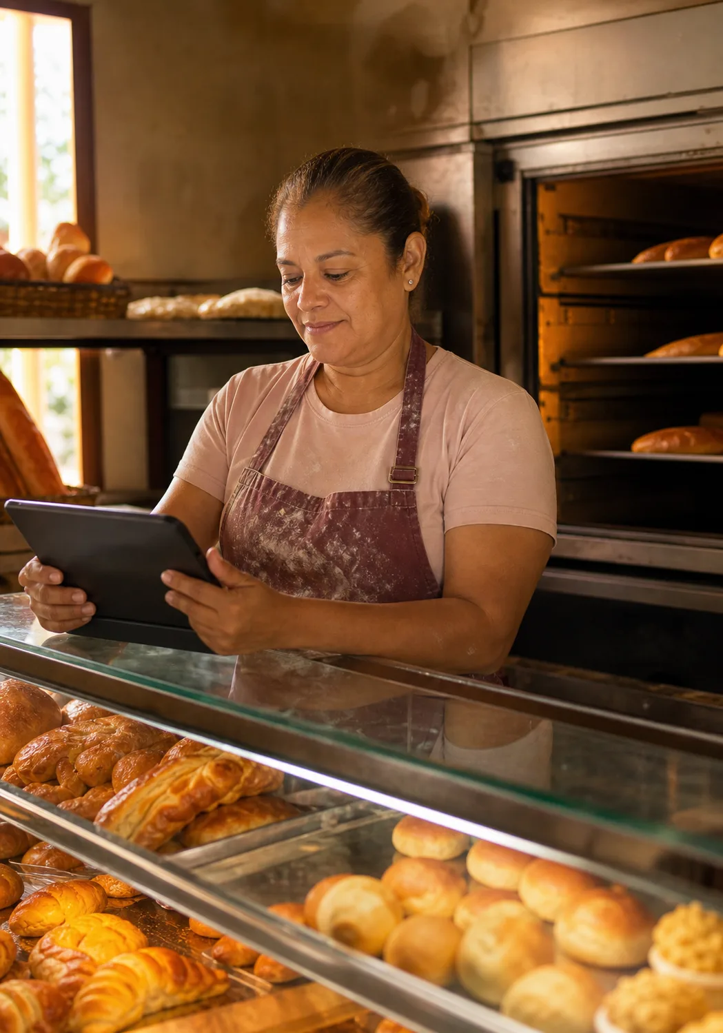 Dueña de panadería panameña usando tablet en el mostrador