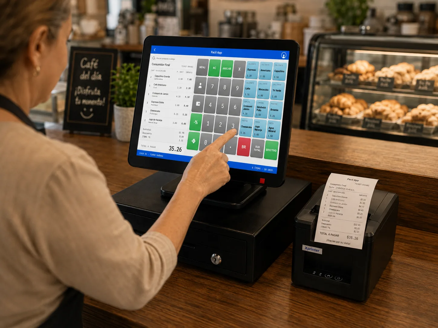 Equipo FácilApp Plus en la caja de una cafetería — pantalla táctil con una venta abierta, cajón de dinero e impresora térmica imprimiendo el recibo