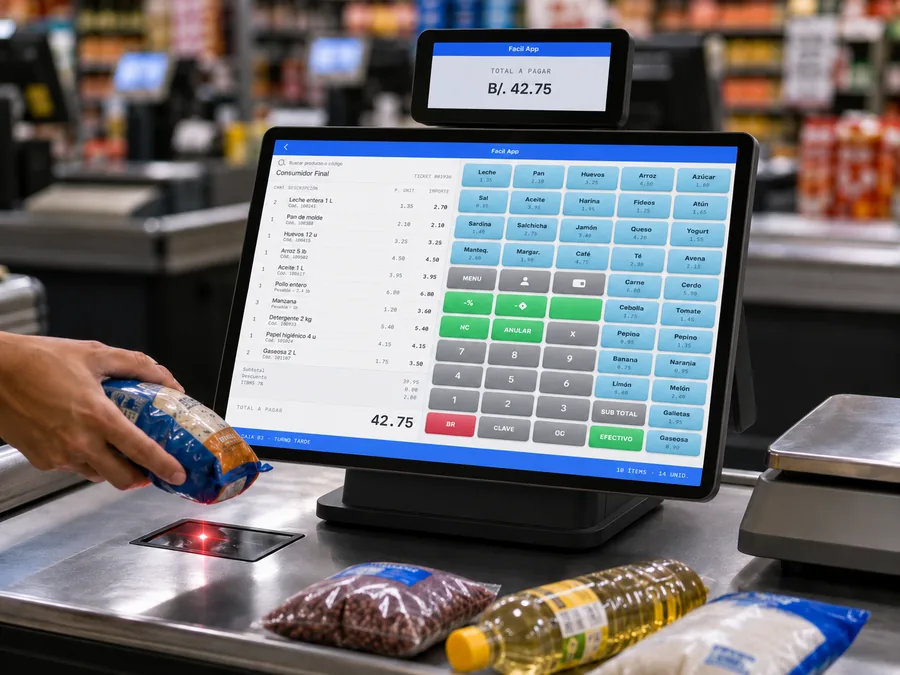 Caja FácilPos de 15 pulgadas en la línea de cajas de un supermercado, con la segunda pantalla mostrando el total al cliente mientras se escanea un producto sobre la banda