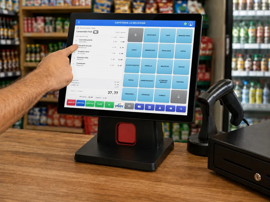 Terminal FácilPos de 11 pulgadas sobre el mostrador de un mini-súper, con un dedo tocando un producto en la pantalla, lector de código de barras y gaveta de dinero al lado