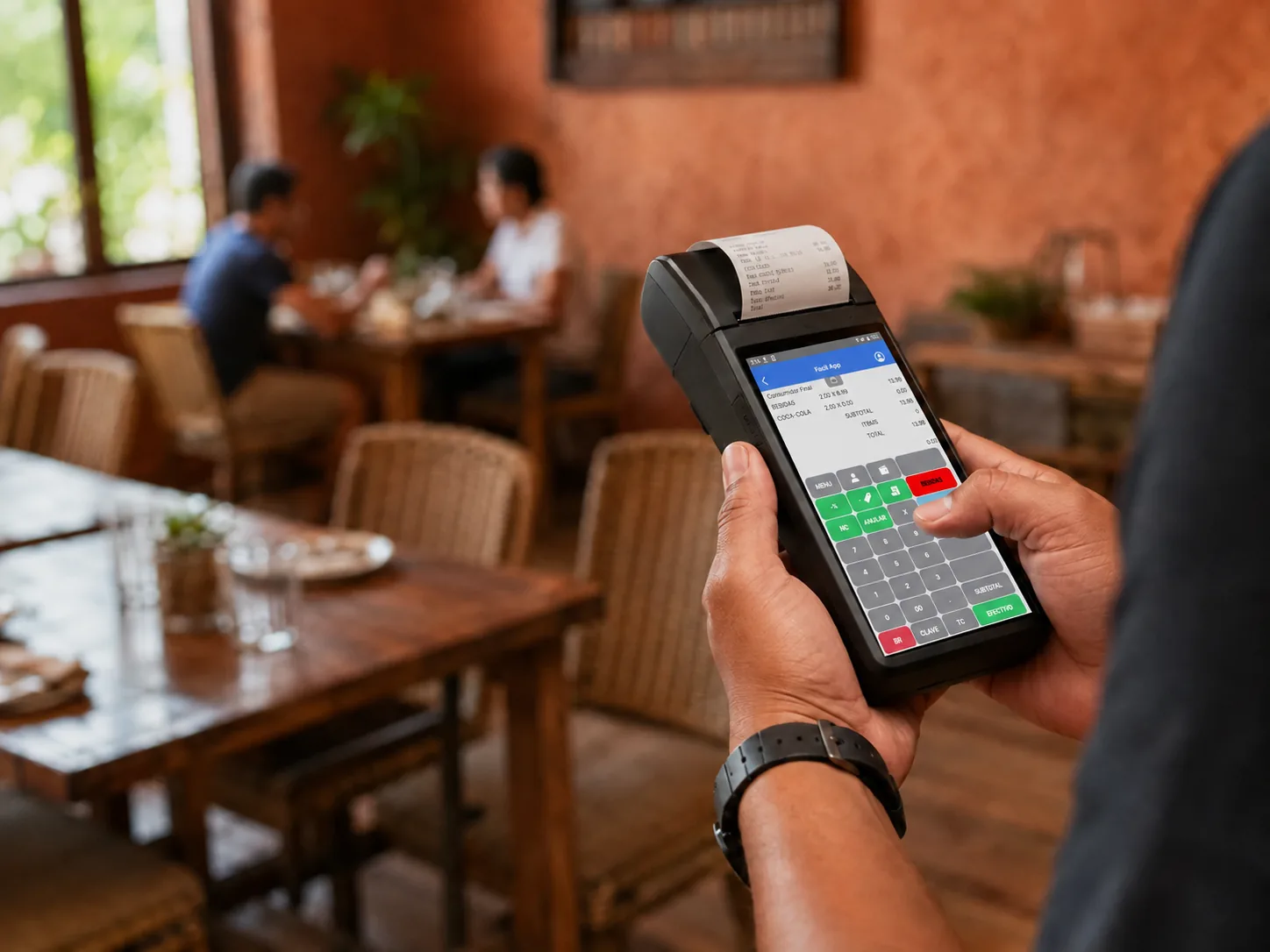Mesero cobrando con la terminal FácilPos en un restaurante: pantalla táctil con el menú abierto y el recibo saliendo de la impresora térmica integrada